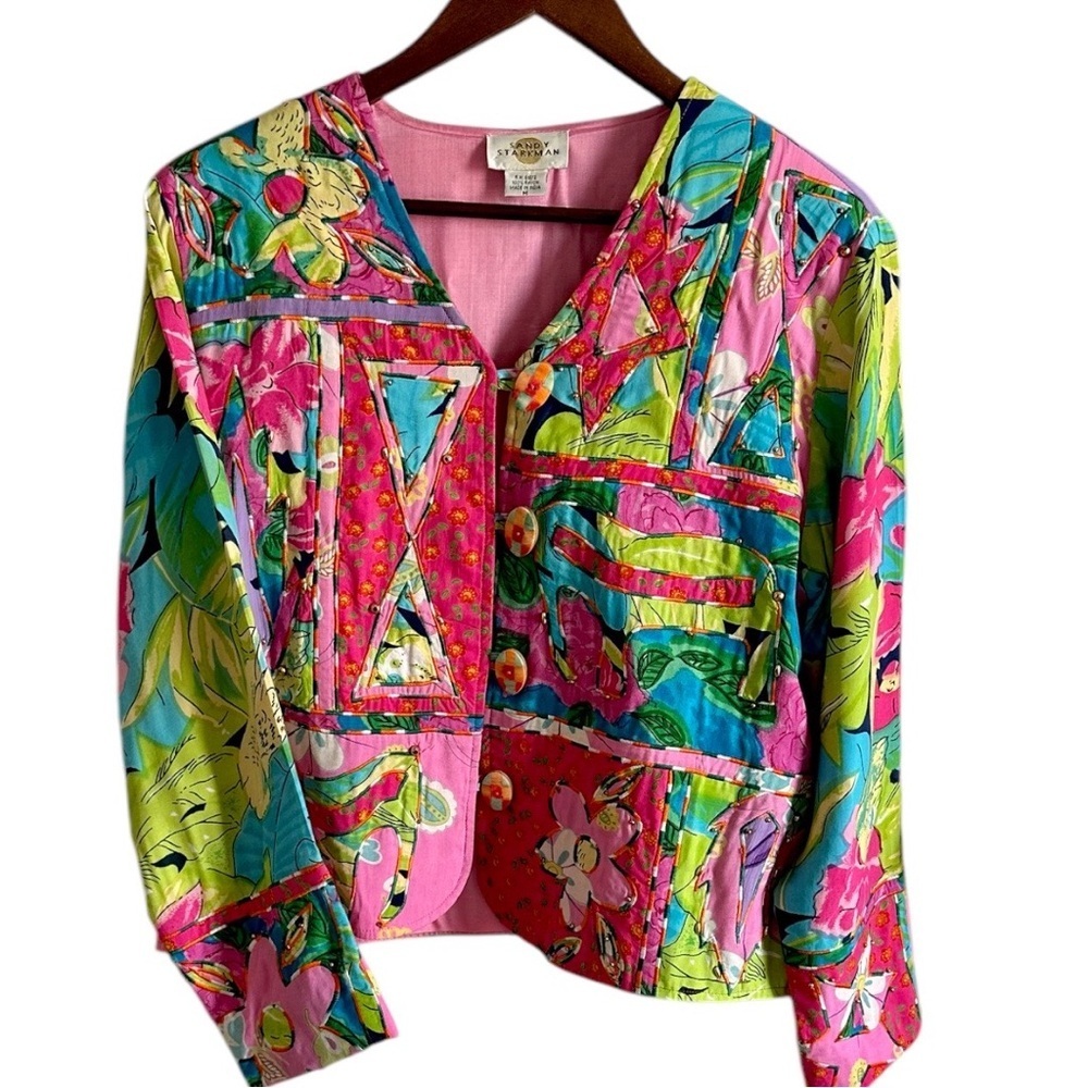 Vintage 90s Patchwork Art Blazer Jacket Mix Media Women’s Medium Sandy Starkman